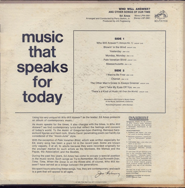 Ed Ames : Who Will Answer? (And Other Songs Of Our Time) (LP, Album, Ind)