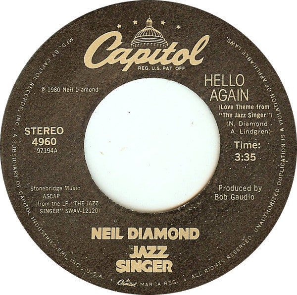 Neil Diamond : Hello Again (7", Single, Win)
