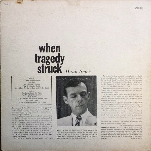 Hank Snow : When Tragedy Struck (LP, Album, Mono)