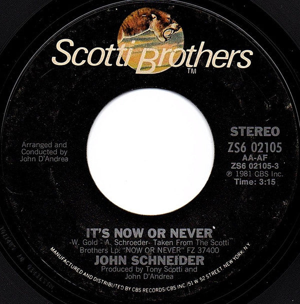 John Schneider : It's Now Or Never (7", Single, Styrene, Ter)