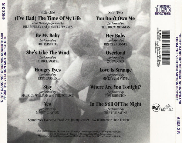 Various : Dirty Dancing (Original Soundtrack From The Vestron Motion Picture) (CD, Album, Comp, Club, RP, Cin)