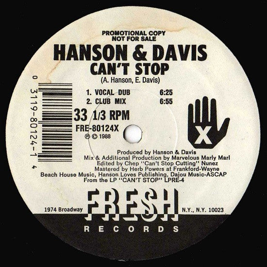 Hanson & Davis : Can't Stop (12", Promo)