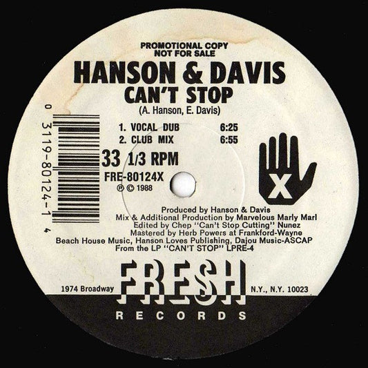Hanson & Davis : Can't Stop (12", Promo)