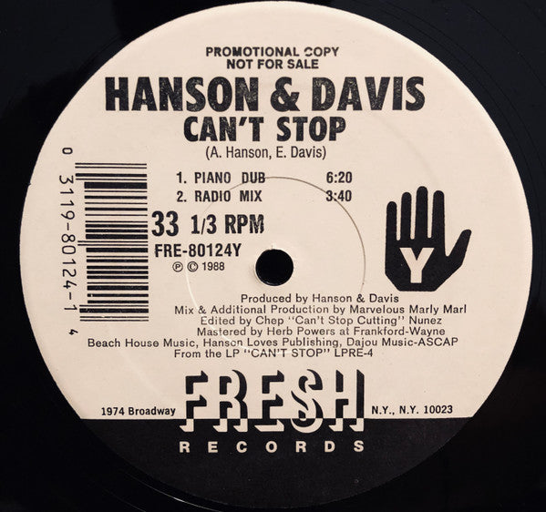 Hanson & Davis : Can't Stop (12", Promo)