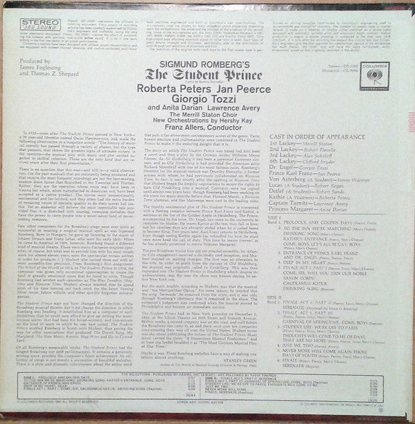 Sigmund Romberg, Roberta Peters, Jan Peerce, Giorgio Tozzi, Anita Darian, Lawrence Avery, The Merrill Staton Choir, Hershy Kay, Franz Allers : The Student Prince (LP, Album)