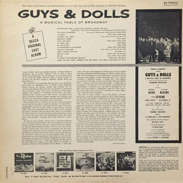"Guys & Dolls" Original Broadway Cast, Feuer & Martin Present Frank Loesser : Guys & Dolls: A Musical Fable Of Broadway (LP, Album, RE, Pin)
