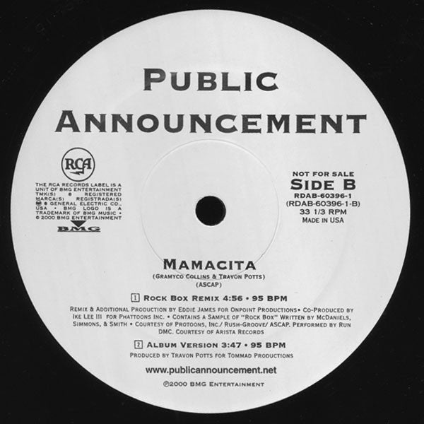 Public Announcement : Mamacita (The Exclusive Rock Box Remix) (12", Promo)