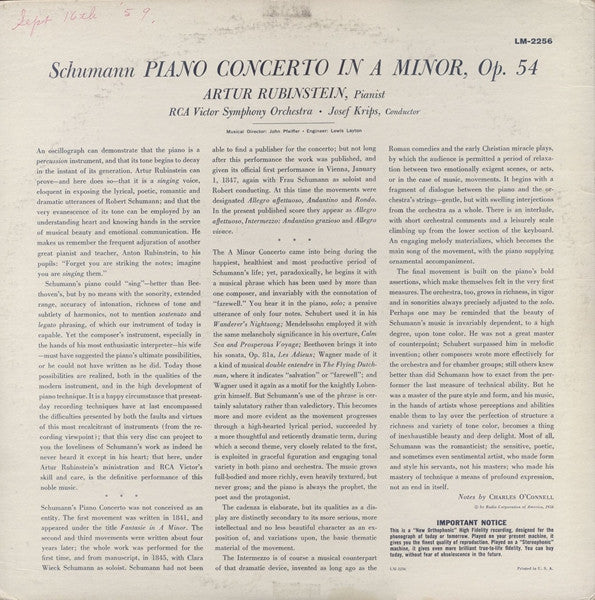 Robert Schumann, RCA Victor Symphony Orchestra, Arthur Rubinstein, Josef Krips : Piano Concerto (LP, Mono)
