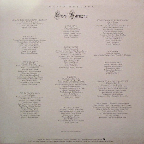 Maria Muldaur : Sweet Harmony (LP, Album, Ter)