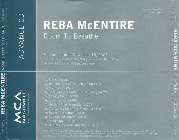 Reba McEntire : Room To Breathe (CD, Advance, Album, Promo)