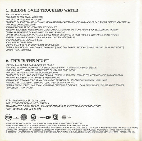 Clay Aiken : Bridge Over Troubled Water And This Is The Night (CD, Single, Enh, Cin)