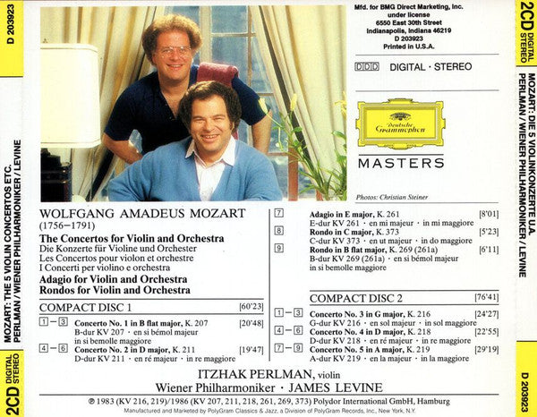 Wolfgang Amadeus Mozart, Itzhak Perlman, James Levine (2), Wiener Philharmoniker : Mozart - The 5 Violin Concertos (2xCD, Comp, Club, RE)
