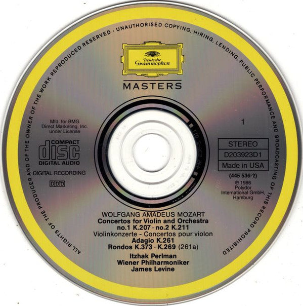 Wolfgang Amadeus Mozart, Itzhak Perlman, James Levine (2), Wiener Philharmoniker : Mozart - The 5 Violin Concertos (2xCD, Comp, Club, RE)