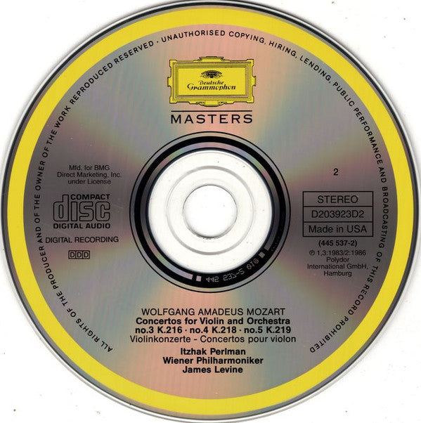 Wolfgang Amadeus Mozart, Itzhak Perlman, James Levine (2), Wiener Philharmoniker : Mozart - The 5 Violin Concertos (2xCD, Comp, Club, RE)
