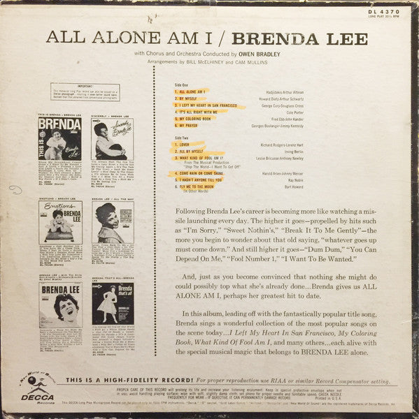 Brenda Lee : All Alone Am I (LP, Album, Mono)