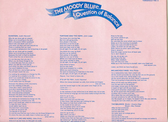 The Moody Blues : A Question Of Balance (LP, Album, Env)