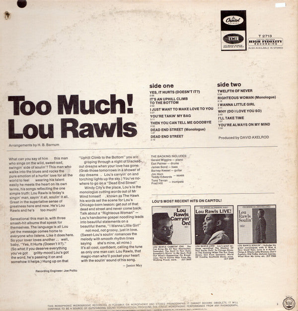 Lou Rawls : Too Much! (LP, Album, Mono, Scr)