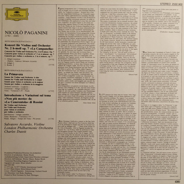 Niccolò Paganini, Salvatore Accardo, London Philharmonic Orchestra · Charles Dutoit : Concerto Per Violino N. 2 »La Campanella« · La Primavera · Non Più Mesta (LP)