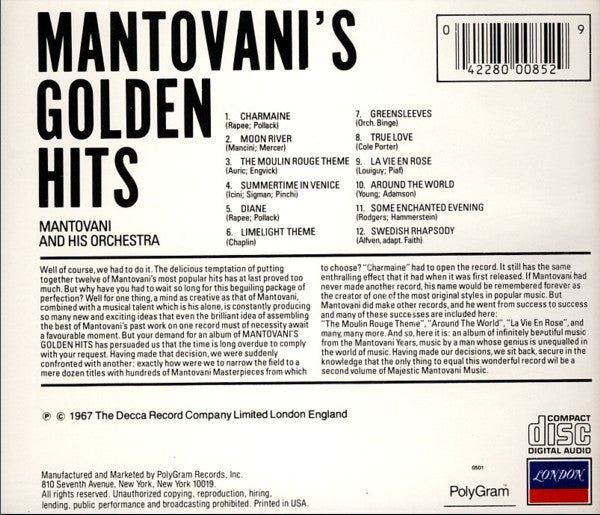 Mantovani And His Orchestra : Mantovani's Golden Hits (CD, Comp, RE)