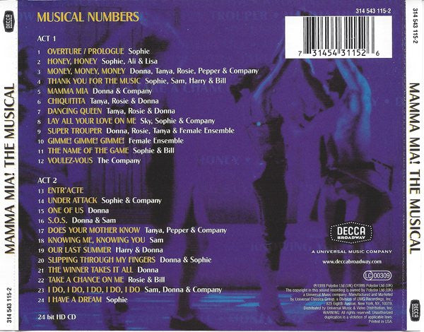 Björn Ulvaeus & Benny Andersson : Mamma Mia! - The Musical Based On The Songs Of ABBA (Original Cast Recording) (HDCD, Album, RE)