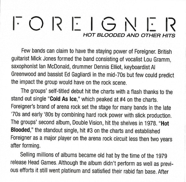 Foreigner : Hot Blooded And Other Hits (CD, Comp, RM)