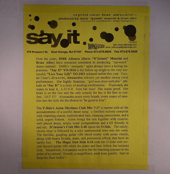 Crystal Clear Featuring Alessandra : Say It (12", TP, Cle)
