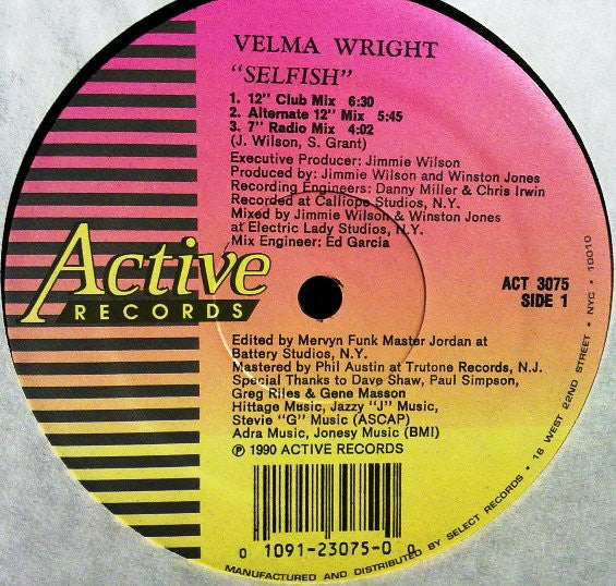 Velma Wright : Selfish (12", Single)