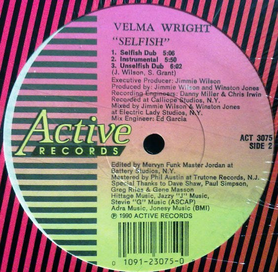 Velma Wright : Selfish (12", Single)