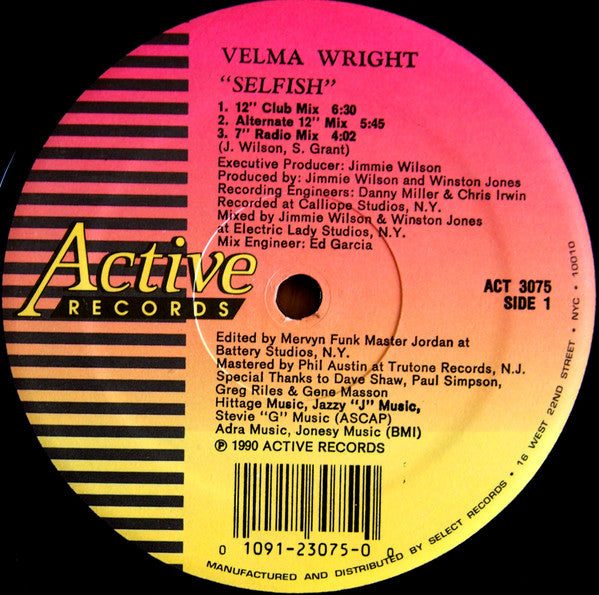 Velma Wright : Selfish (12", Single)