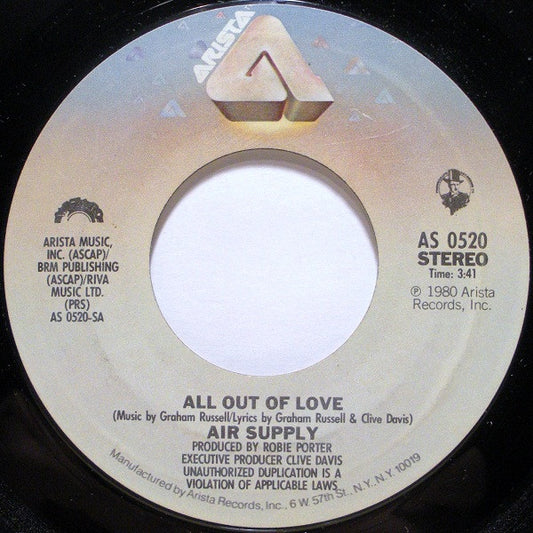 Air Supply : All Out Of Love (7", Single)