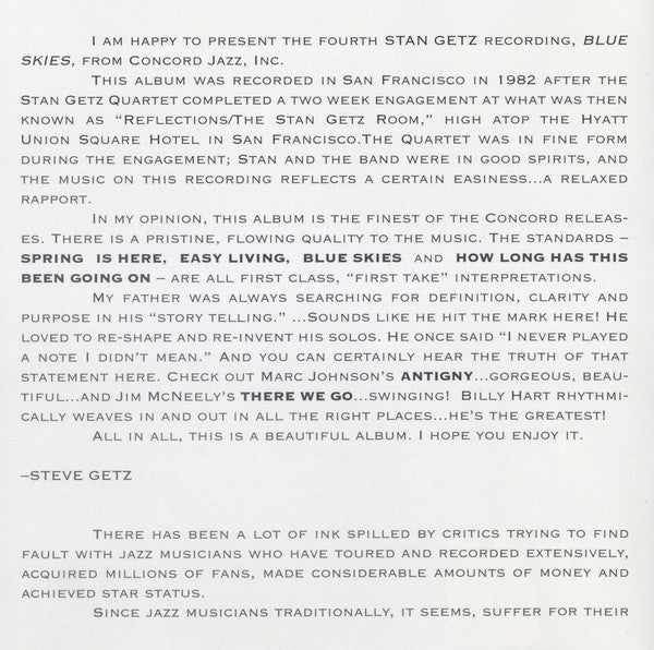 Stan Getz : Blue Skies (CD, Album)