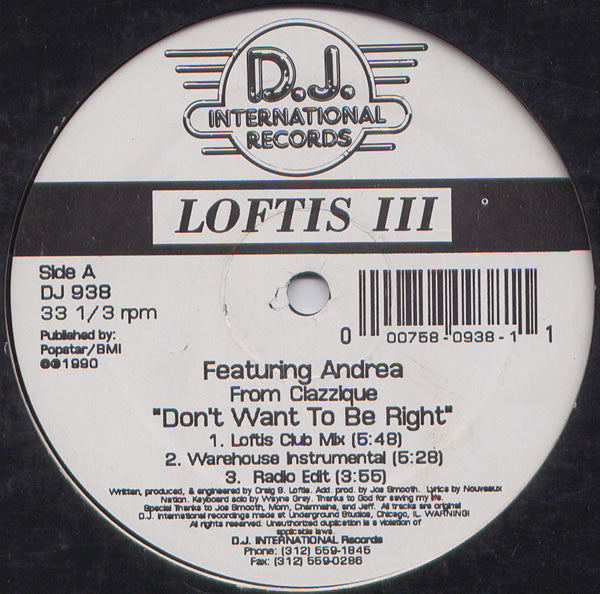 Craig S. Loftis Featuring Andrea Salazar : Don't Want To Be Right (12")