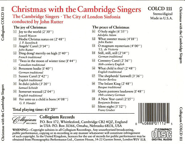 The Cambridge Singers, City Of London Sinfonia Conducted By John Rutter : Christmas With The Cambridge Singers (CD, Album)