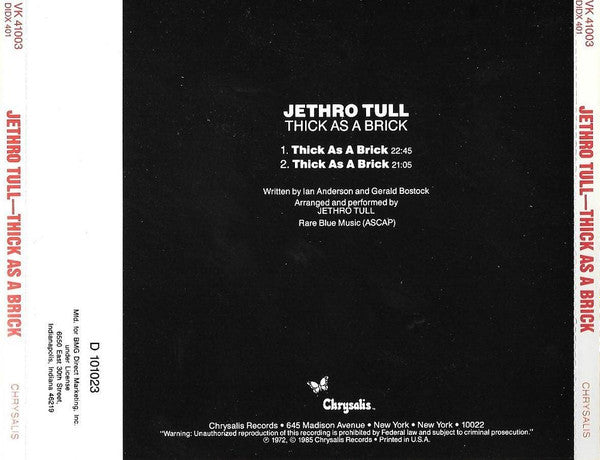 Jethro Tull : Thick As A Brick (CD, Album, Club, RE)