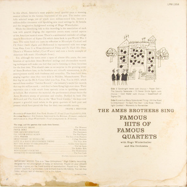 The Ames Brothers With Hugo Winterhalter Orchestra : Sing Famous Hits Of Famous Quartets (LP, Album, Mono)