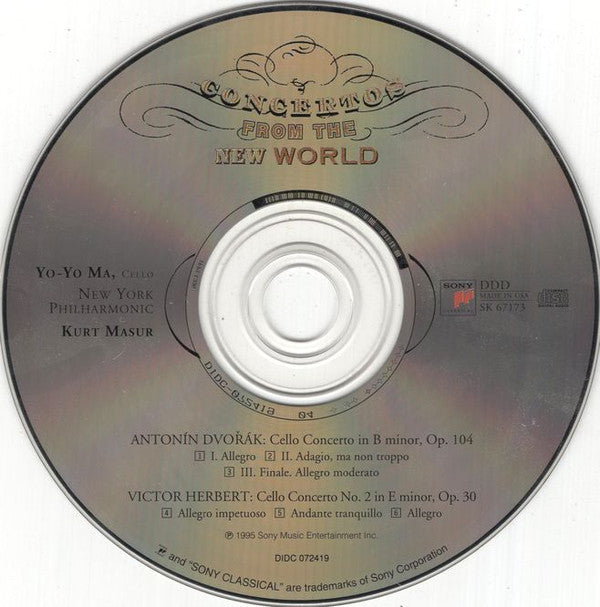 Antonín Dvořák, Victor Herbert - Yo-Yo Ma - The New York Philharmonic Orchestra, Kurt Masur : Concertos From The New World (CD, Album, SBM)