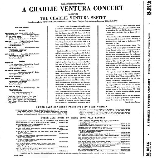 Gene Norman Presents Charlie Ventura Featuring The Charlie Ventura Septet, Jackie & Roy : Gene Norman Presents A Charlie Ventura Concert (LP, Album)