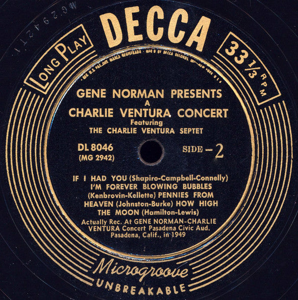 Gene Norman Presents Charlie Ventura Featuring The Charlie Ventura Septet, Jackie & Roy : Gene Norman Presents A Charlie Ventura Concert (LP, Album)