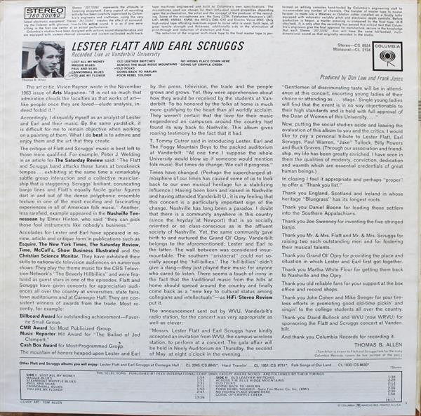 Flatt & Scruggs : Recorded Live At Vanderbilt University (LP, Album, Pit)