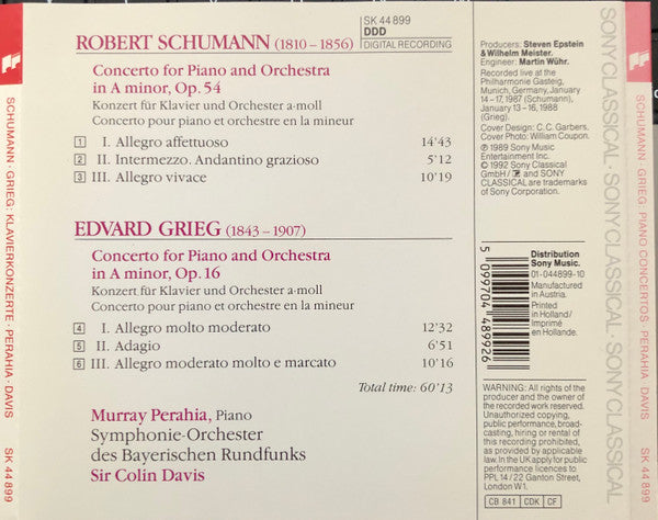 Schumann* • Grieg*, Murray Perahia, Symphonieorchester Des Bayerischen Rundfunks*, Sir Colin Davis : Piano Concertos (CD, Album, RE)