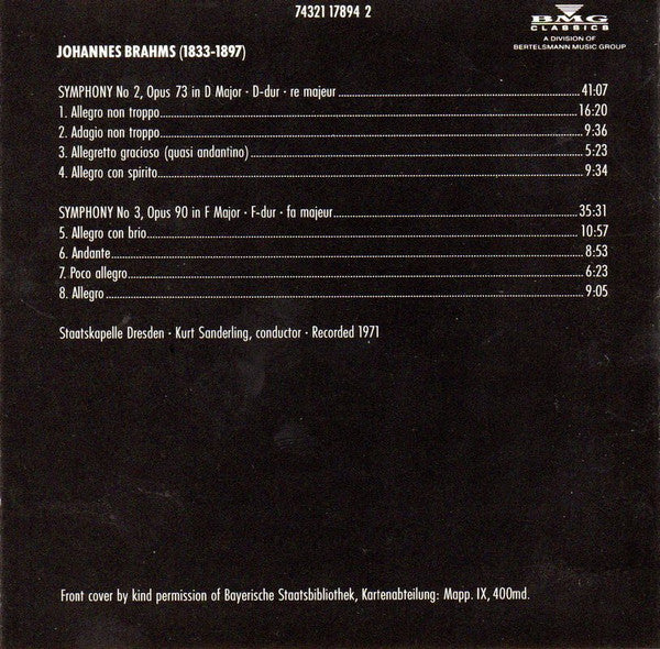 Johannes Brahms - Staatskapelle Dresden, Kurt Sanderling : Symphony No 2 & 3  (CD, Comp)