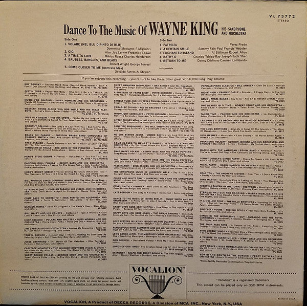 Wayne King And His Orchestra : Dance To The Music Of Wayne King His Saxophone And Orchestra (LP, Album, Pin)