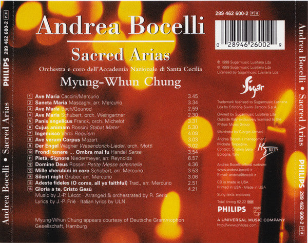 Andrea Bocelli, Orchestra dell'Accademia Nazionale di Santa Cecilia E Coro dell'Accademia Nazionale di Santa Cecilia, Myung-Whun Chung : Sacred Arias (CD, Album)