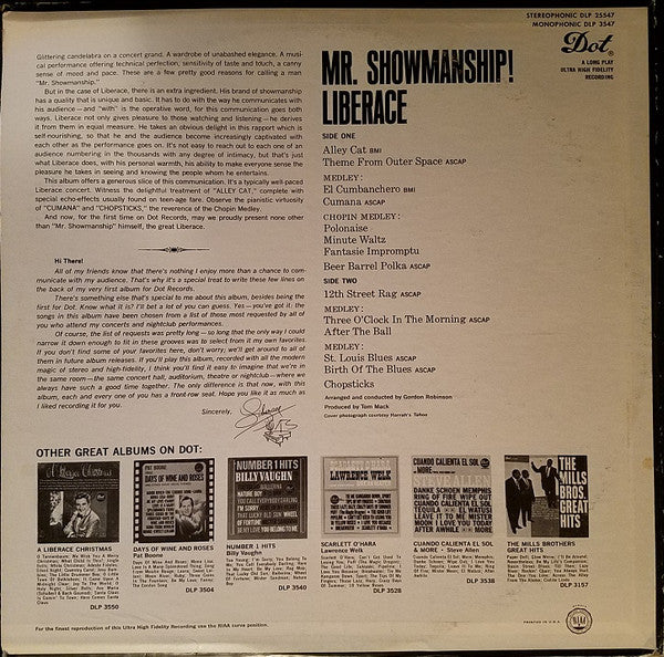 Liberace : Mr. Showmanship! (LP, Album, Mono)