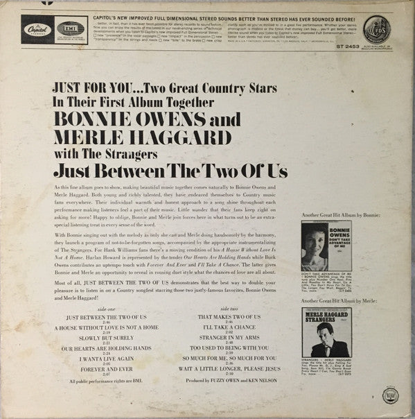 Bonnie Owens And Merle Haggard With The Strangers (5) : Just Between The Two Of Us (LP, Album, Scr)