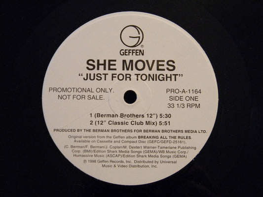 She Moves : Just For Tonight (12", Promo)