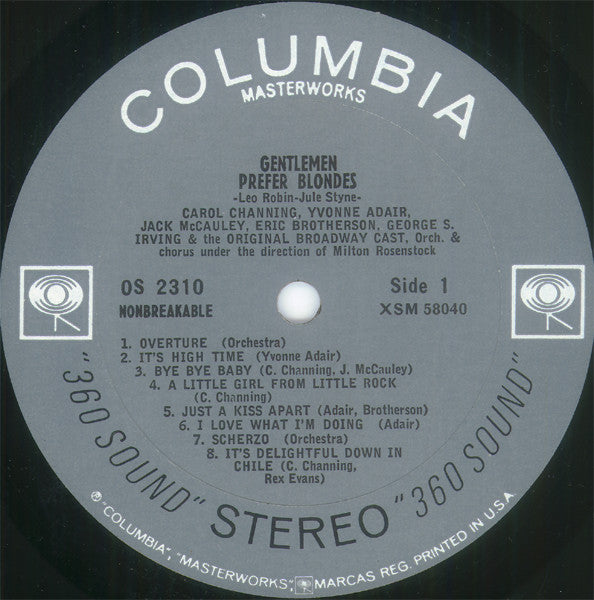Herman Levin And Oliver Smith (3) Present Carol Channing, Yvonne Adair, Jack McCauley, Eric Brotherson, George S. Irving And The "Gentlemen Prefer Blondes" Original Broadway Cast : Gentlemen Prefer Blondes (LP, Album, RE)