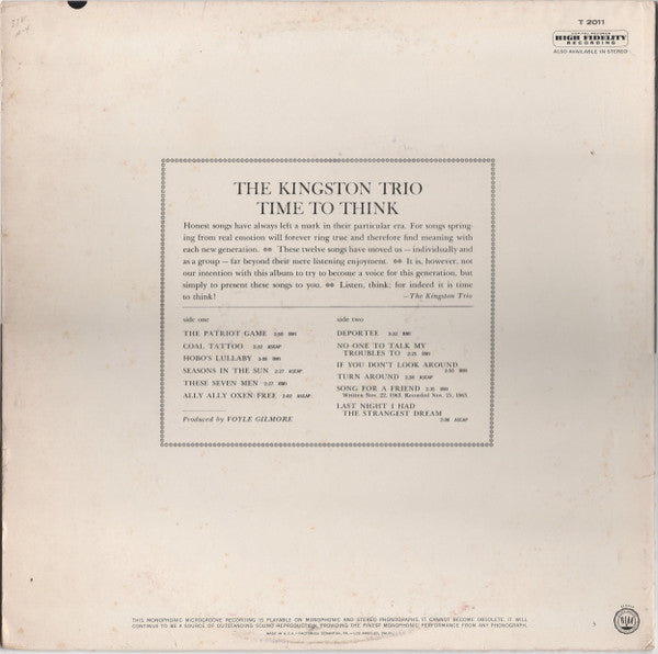 Kingston Trio : Time To Think (LP, Album, Mono)
