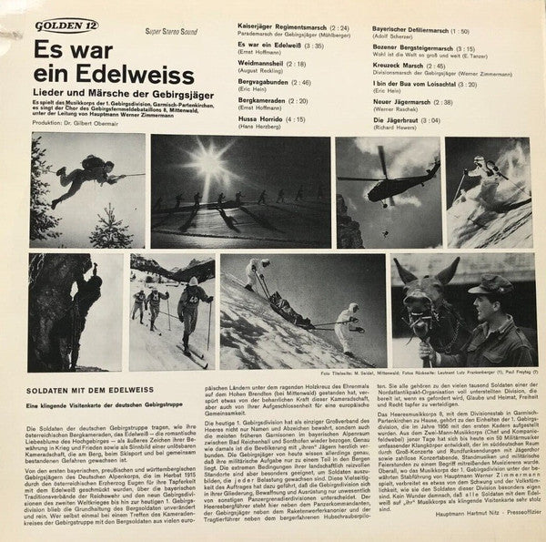 Gebirgsmusikkorps Garmisch-Partenkirchen, Chor Des Gebirgs-Fernmeldebataillons 8, Murnau, Werner Zimmermann (2) : Es War Ein Edelweiss (Lieder Und Märsche Der Gebirgsjäger) (LP, Album)