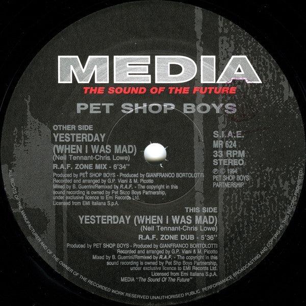 Pet Shop Boys : Yesterday (When I Was Mad) (12", Single)